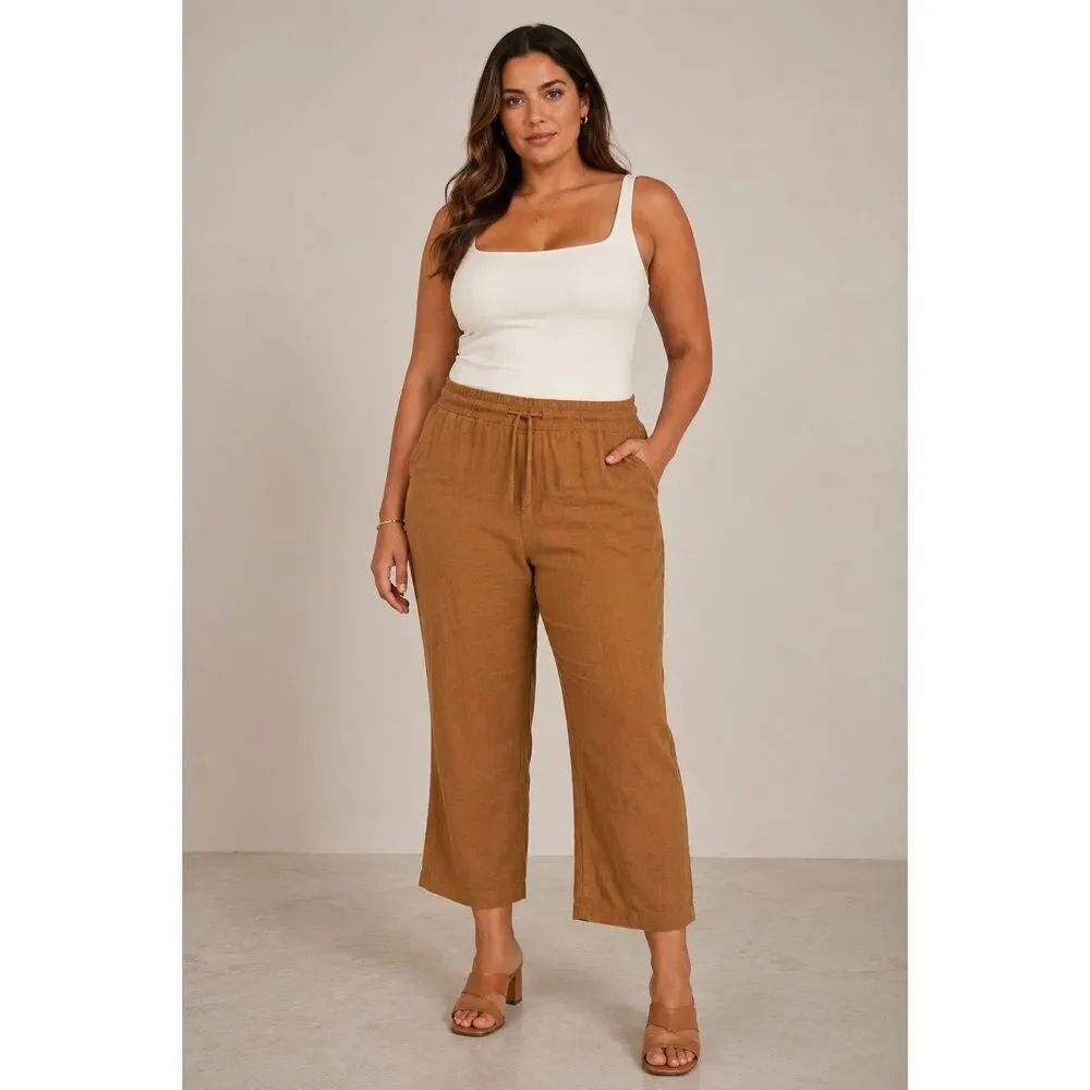 Hard tail Midrise 100% linen tan cropped pants Medium Lagenlook #768